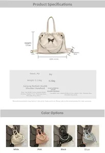 Detailed size chart and multi-color view of pearl chain PU shoulder bag with metal butterfly