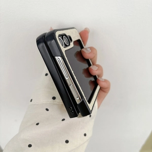 Detail of woven texture phone case for foldable screen with precise cutouts for buttons