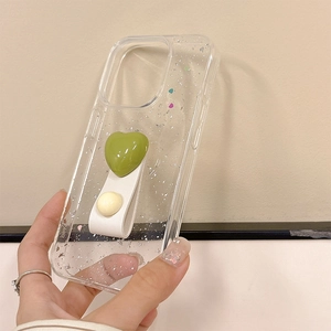 Glitzer iPhone Hülle mit grünem 3D-Herz, Silberpailletten und weißem Leder-Handgriff