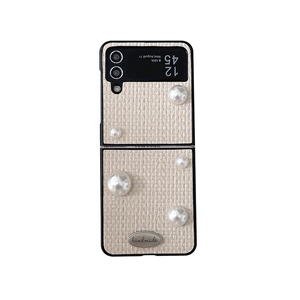 Beige woven folding case with pearls and silver tag for Samsung Galaxy Z Flip series