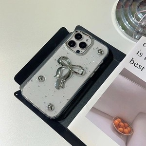 Custodia iPhone con fiocco argento, foglie d'argento e rivetti metallici chic