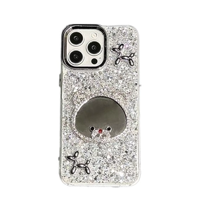 Glitter iPhone hoesje met een beer spiegel en zilveren metallic ballonhond bedels