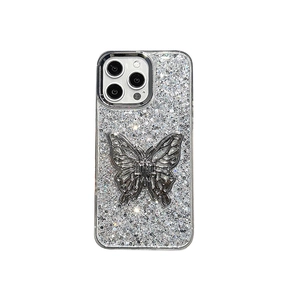Sparkling silver glitter phone case for iPhone with large hollow metal butterfly decoration
