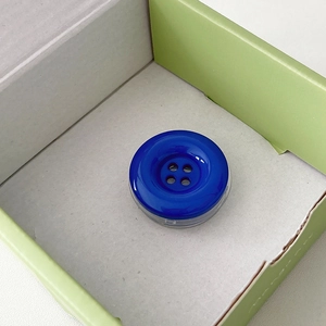 Close-up of a large dark blue four-hole button phone socket inside a green gift box