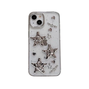 Coque iPhone transparente avec étoiles 3D argentées et breloques cœur style Y2K