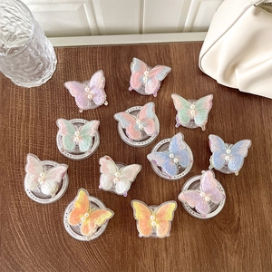 Embroidered butterfly phone socket grip with pearl accents in soft Morandi colors