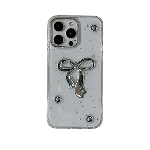 Custodia iPhone con fiocco argento e perline su cover trasparente in gel con lamina d'argento