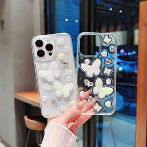 Coque De Téléphone Transparente Avec Papillon En Résine 3D Künstliche Perle Coeur Strass Paillettes Style Doux Couverture Smartphone