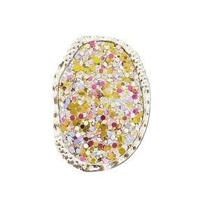 Irregular silver metal phone grip with colorful sequins and textured hammer finish style