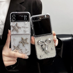 Sparkly silver bow and star pattern glitter case for Samsung Galaxy Z Flip foldable phone