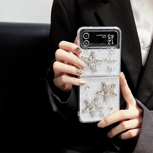 Silver glitter case with 3D stars for Samsung Galaxy Z Flip, stylish foldable phone cover