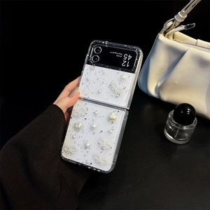 Glittery heart and pearl case for Samsung Z Flip 4 with silver flakes and bow design
