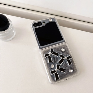 Coque luxe pour Samsung Z Flip avec motif marbre, nœuds noirs et strass brillants décoratifs