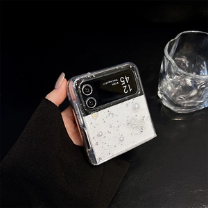 Luxury clear case for Samsung Z Flip6 with sparkling glitter and elegant pearl bow accents
