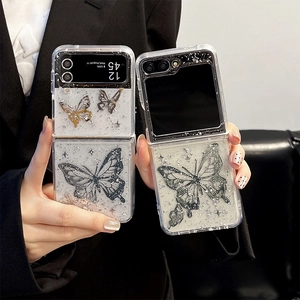 Butterfly Phone Case For Samsung Galaxy Z Flip Z Fold Glitter Silver Foil Dripping Glue TPU Shockproof Luxury Folding Cover