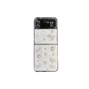 Clear case for Samsung Z Flip 6 with pearls, heart charms and silver glitter sequins