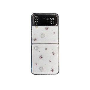 Clear glitter case for Samsung Z Flip with white pearl hearts and purple butterfly charms