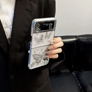Detail of Galaxy Z Flip case with 3D silver butterfly and shimmering glitter accents