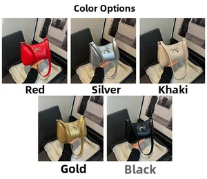 Collage of chic solid color handbags with metal bow detail in five stylish colors