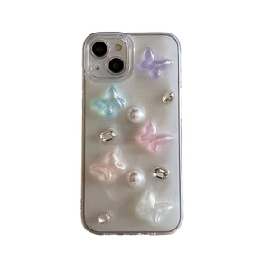 Coque iPhone transparente avec papillons 3D en résine, perles et strass colorés