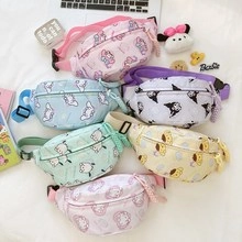 Detailed flat lay of cute Sanrio character crossbody bags in assorted candy colors