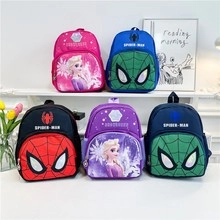 Close-up of assorted kids backpacks featuring Disney Elsa and Marvel Spider-Man designs