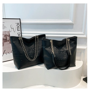 Detailed comparison of large and small black crocodile pattern tote bags with gold chains