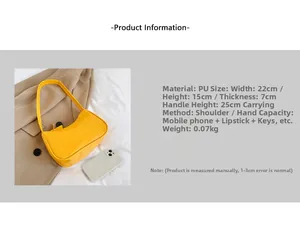 Detailed dimensions of yellow PU shoulder bag showing size 22x15x7cm and capacity