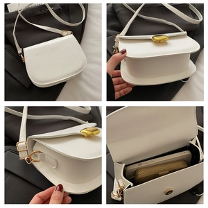 Detailed views of white leather saddle bag showing magnetic clasp, interior, and adjustable strap