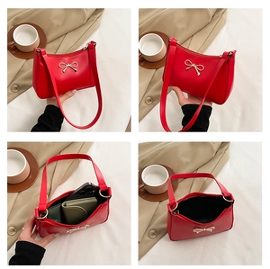 Detail of red faux leather shoulder bag with golden bow hardware and interior storage view