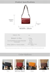 Detail view of four vintage PU leather crossbody bags showing dimensions and color options