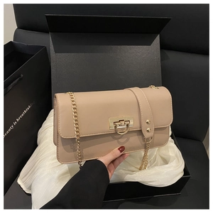 Chic beige shoulder bag with gold chain and buckle in a luxury black gift box