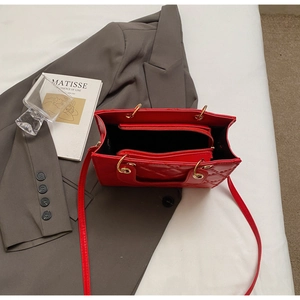 Detail view of red quilted handbag interior featuring a central zipper compartment and gold handle
