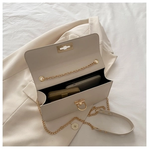 Detail of cream square shoulder bag with gold chain strap and metal lock closure