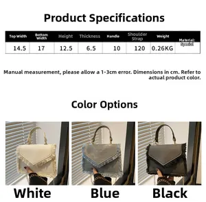 Detailed size guide for denim tassel crossbody bag with dimensions and color options