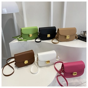 Detailed display of six color options for the mini crossbody bag with gold metal buckles
