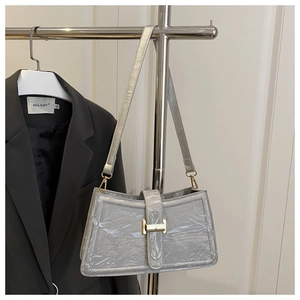 Detail of silver wrinkled leather texture and golden H-shaped buckle on shoulder bag