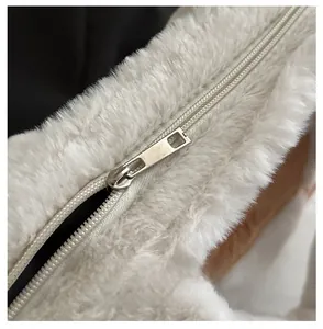 Macro detail of high-quality metal zipper and soft plush fabric on tote bag