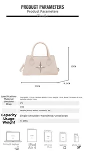 Detailed view of cream PU leather handbag featuring woven texture and star metal logo