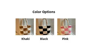 Detailed color display of plush checkered tote bags in khaki, black, and pink options