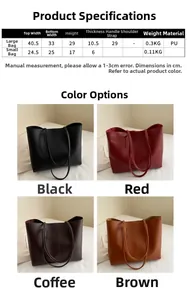 Detailed size specifications and color options for large and small PU leather tote bags