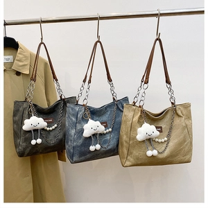 Three large capacity tote bags in grey blue and khaki with cloud charm and pearl chains