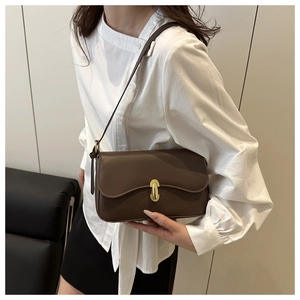 Detail of a dark brown leather crossbody bag with a gold oval metal buckle and matte texture