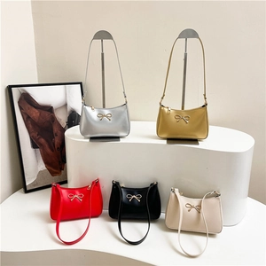 Women Underarm Baguette Bag PU Leather Metal Bow Decor Solid Color Chic Trendy Shoulder Purse