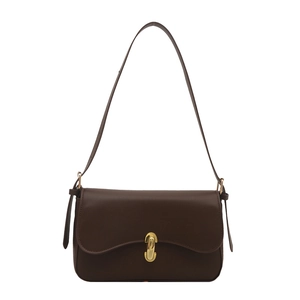 Minimalist dark brown baguette shoulder bag with golden gourd clasp on white background