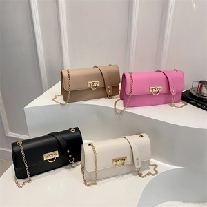 Chic textured leather chain shoulder bags in khaki, pink, black, and white colors