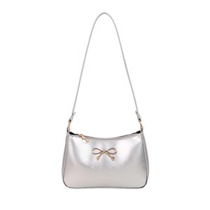 French style metallic silver shoulder bag with large capacity and gold bow detail