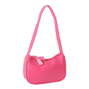 Minimalist light pink PU leather baguette bag with top zipper and fixed shoulder strap