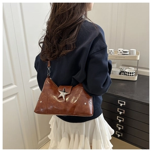Detail of dark brown vintage shoulder bag with silver star emblem and studded star rivets