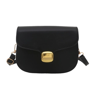 Minimalist black PU leather crossbody bag with elegant gold metal buckle and adjustable strap